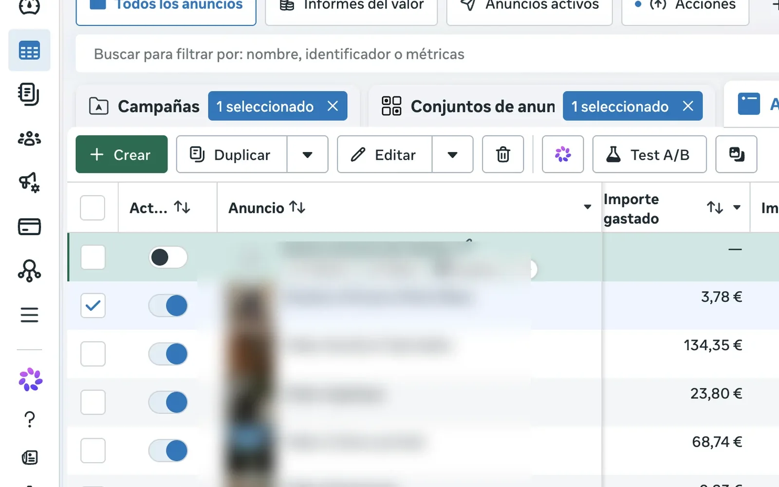 Panel de campañas con el gasto y el rendimiento de cada creatividad