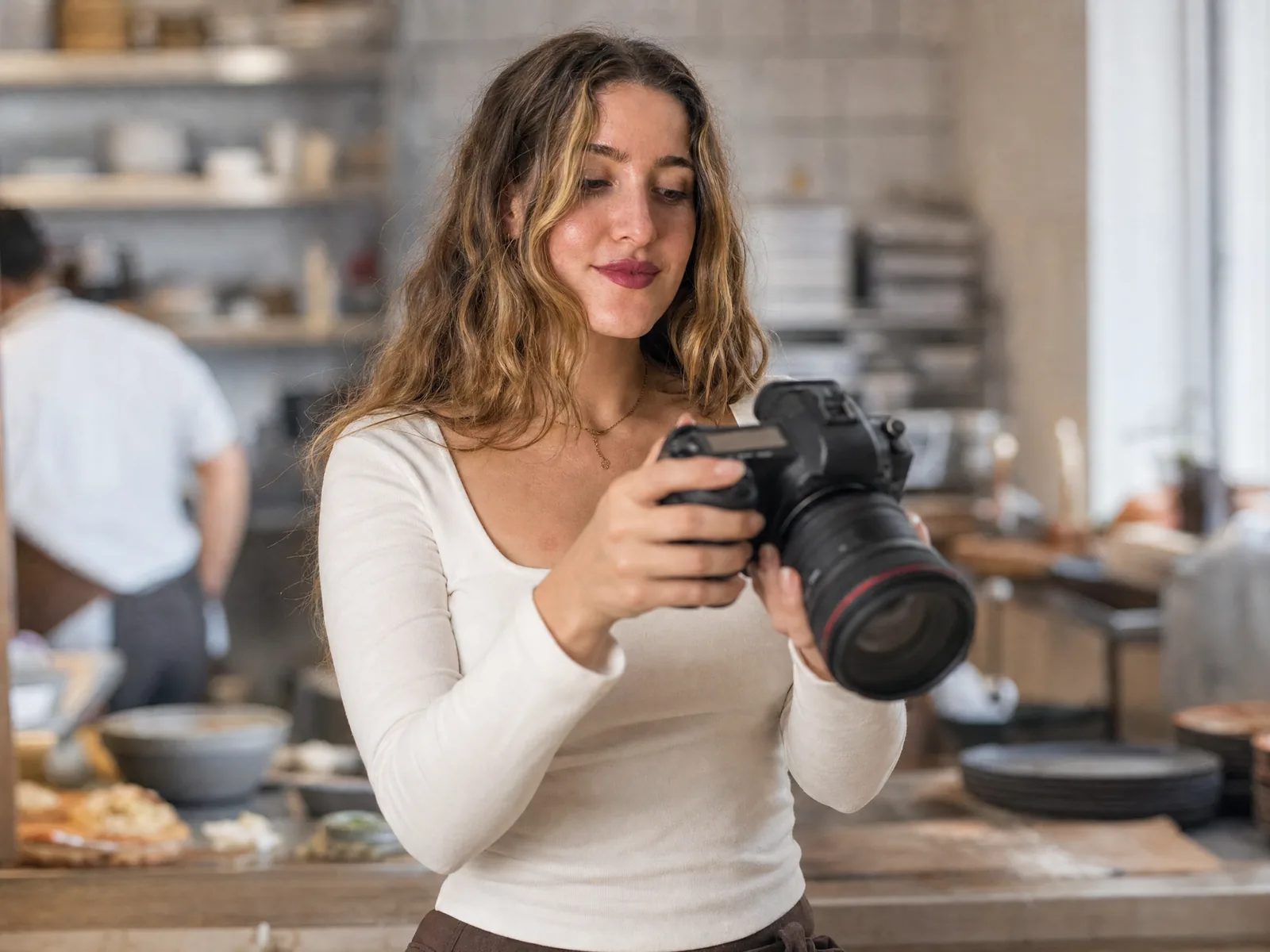 Elena Gandía grabando una creatividad para una campaña con cámara profesional