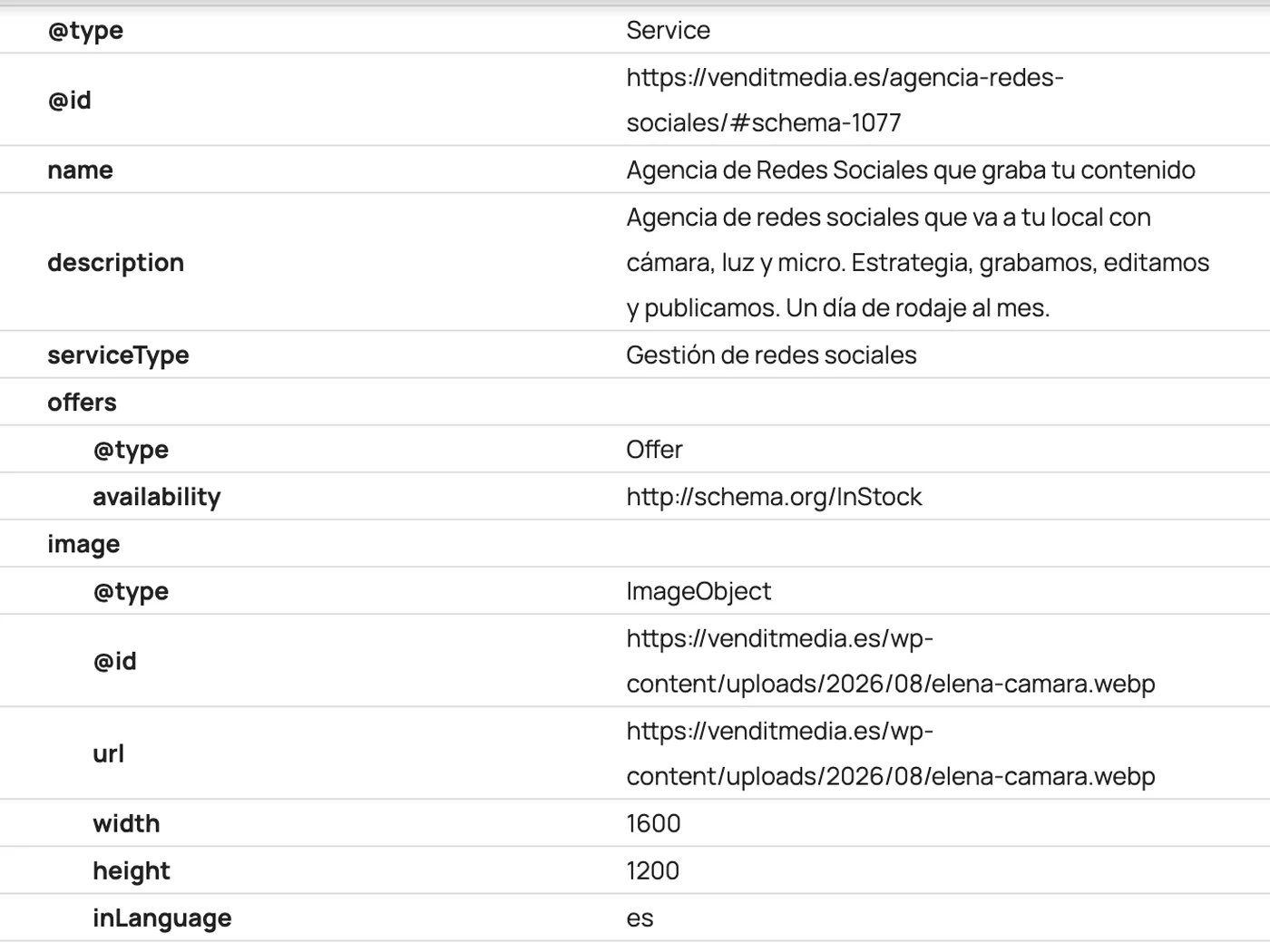 Validador de schema.org mostrando el marcado Service de venditmedia.es sin errores ni advertencias