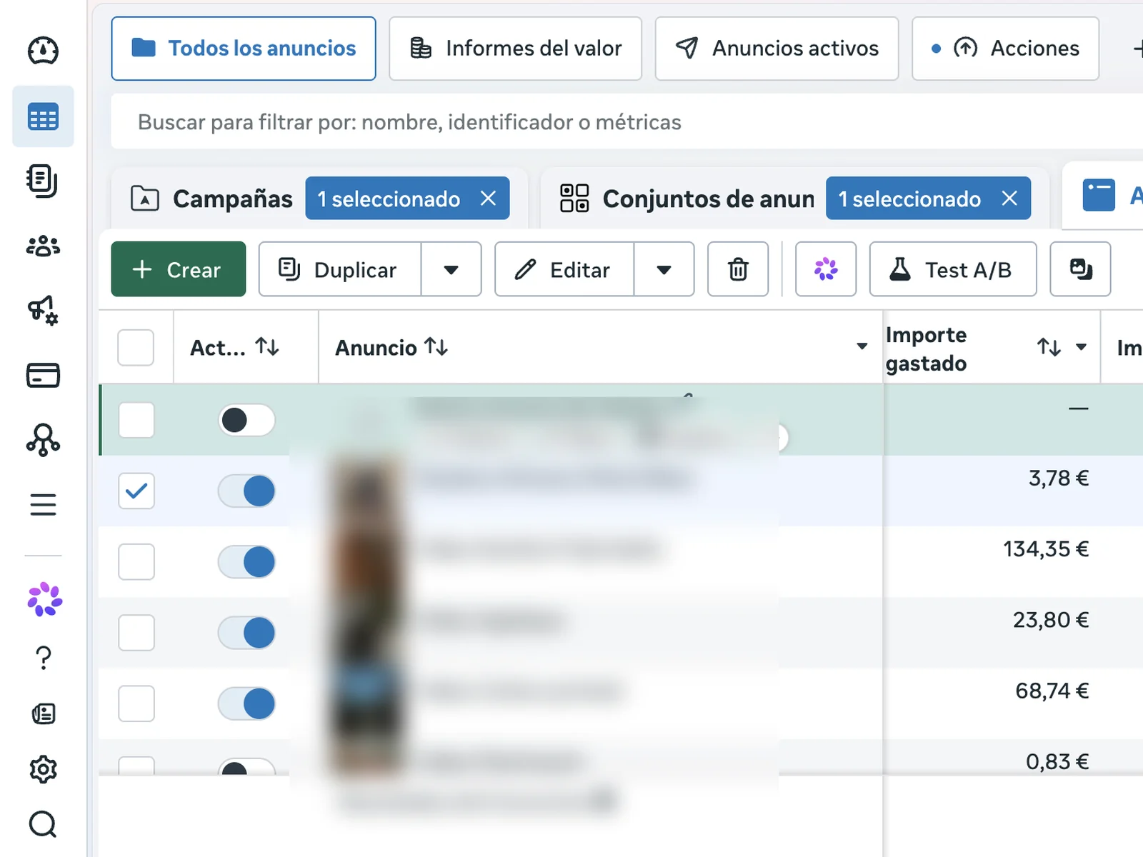 Panel de campañas de Meta Ads con el gasto, las impresiones y el coste por clic de cada creatividad