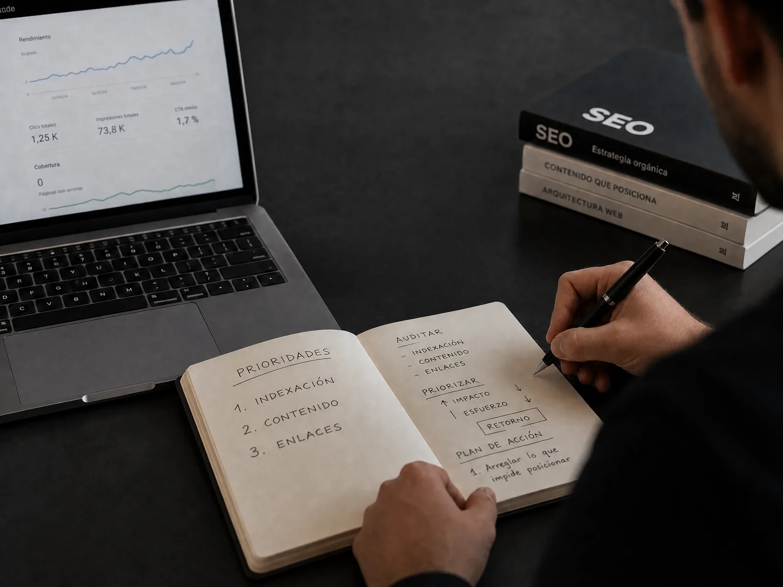 Cuaderno con las prioridades de una auditoría SEO junto a los datos de Search Console