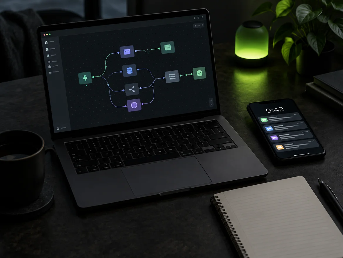 Portátil con un flujo de automatización y móvil recibiendo avisos sobre un escritorio oscuro