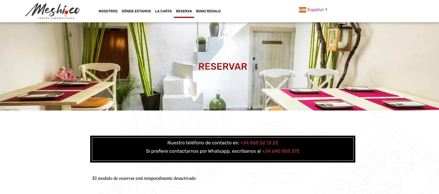 Web anterior de Meshi.co, página de reservas