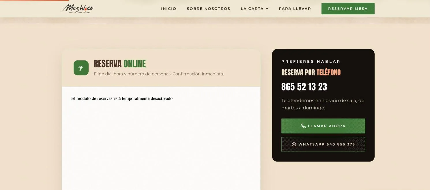 Web nueva de Meshi.co diseñada por Vendit Media, página de reservas