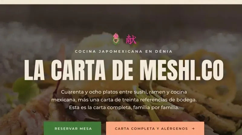 Página de la carta de Meshi.co