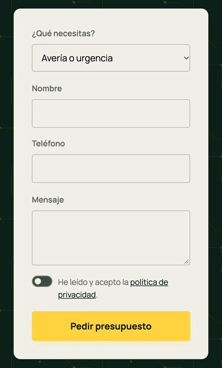 Formulario de presupuesto de la web de Electricidad Ortuño