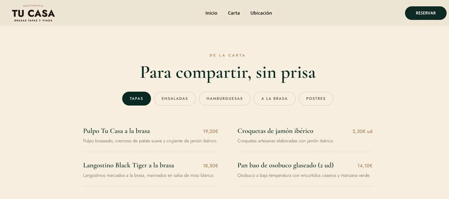 Web de Tu Casa Brasas: la carta por familias, tapas, ensaladas, hamburguesas, a la brasa y postres