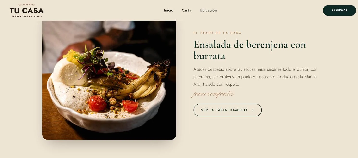 Web de Tu Casa Brasas: el plato de la casa, ensalada de berenjena con burrata