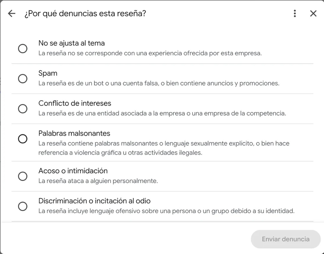 Motivos para denunciar una reseña en el Perfil de Empresa de Google