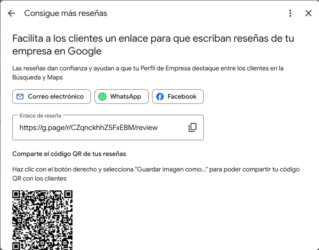 Ventana Consigue más reseñas del Perfil de Empresa de Google con el enlace de reseña y el código QR