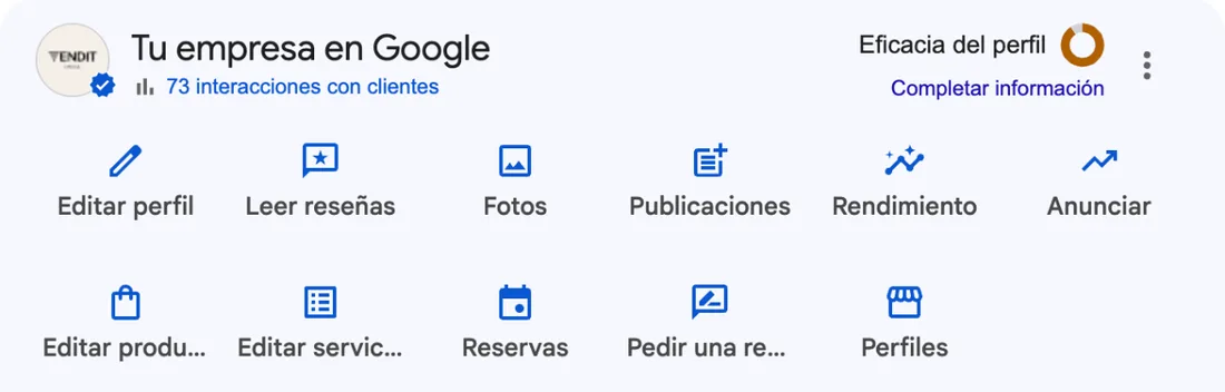 Panel de gestión del Perfil de Empresa de Google con la marca azul de perfil verificado